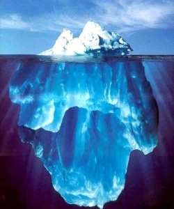 [composite photo of an iceberg, both exposed tip and submerged bulk]